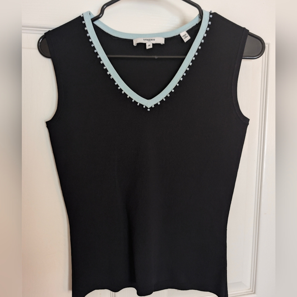 Vertigo Paris Black Tank Top with Light Blue Trim